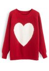 One Heart Rib Knit Oversized Sweater in Red