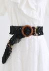 Wooden Buckle Bead Decor Woven Belt in Black