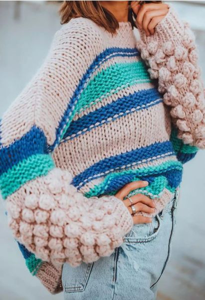 Pom-Pom Sleeve Hand-Knit Chunky Sweater