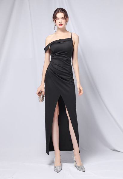 Single Strap Front Slit Gown in Black