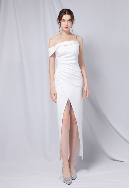 Single Strap Front Slit Gown in White