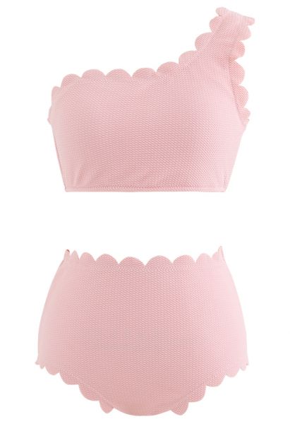 One-Shoulder Scalloped Bikini Set in Pink