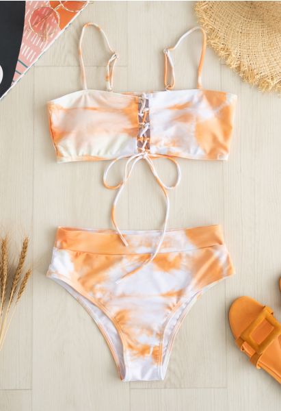 Lace-Up Front Tie-Dye High Waist Bikini Set