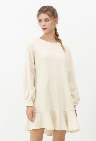 Ruffle Hem Sleeves Shift Mini Dress in Cream