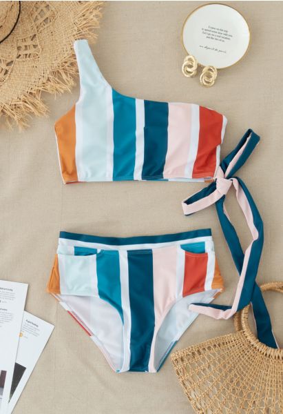 Color Block Stripe Bowknot One-Shoulder Bikini Set