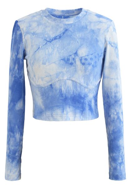 Cotton Long Sleeves Blue Tie Dye Crop Top