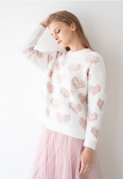 Fuzzy Pink Heart Pearl Trim Knit Sweater