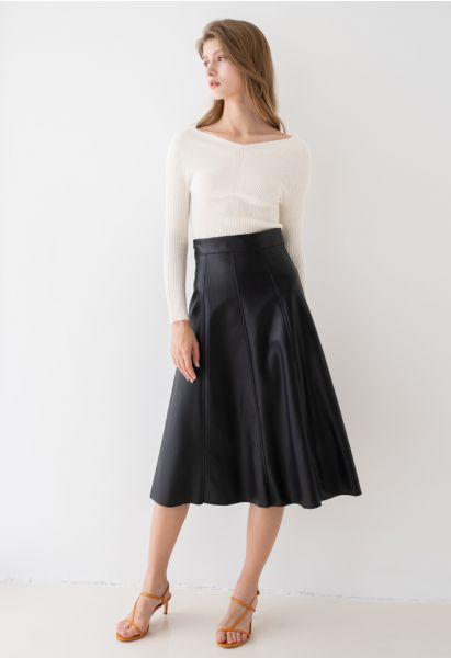 Soft Faux Leather Seamed A-Line Skirt in Black