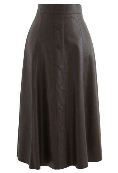 Buttoned Soft Faux Leather A-Line Skirt in Brown