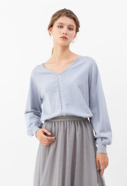 Pearl Trim Shimmer Knit Top in Blue