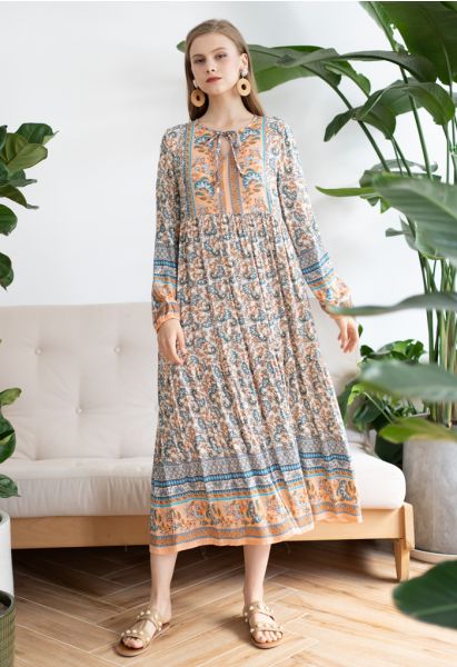 V-Neck Floral Printed Boho Maxi Dress