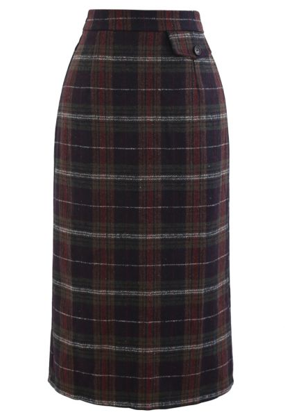 Plaid Pocket Trim Wool-Blend Pencil Skirt