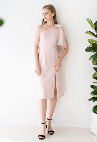 Bow Strap Oblique Slit Shift Dress in Pink