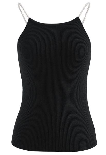 Pearl Straps Knit Cami Tank Top in Black