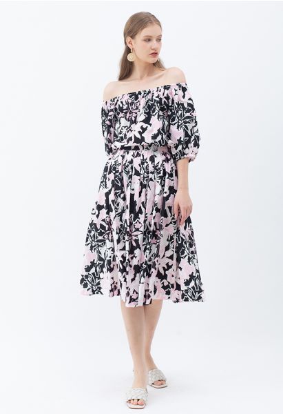 Summer Floral Print Pleated Midi Skirt in Black