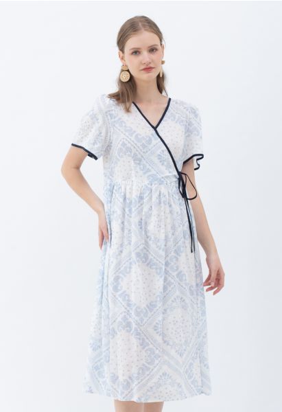 Paisley Print Piping Cotton Dress in Light Blue