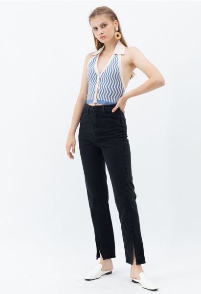 Slit Cuffs High Waist Soft Jeans in Black