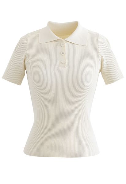 Triple Buttons Short Sleeve Fitted Knit Top in Cream