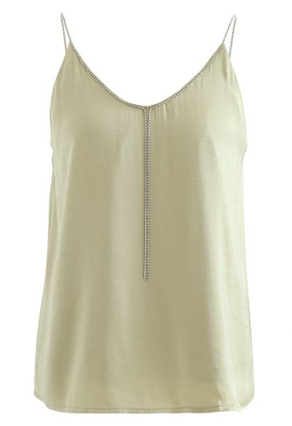 Crystal Straps Satin Tank Top in Olive