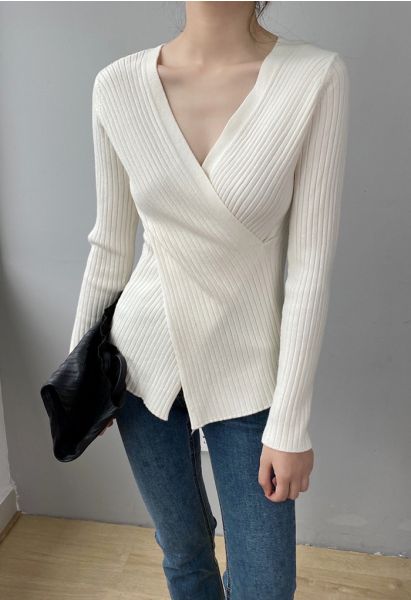 Crisscross Fitted Rib Knit Top in White