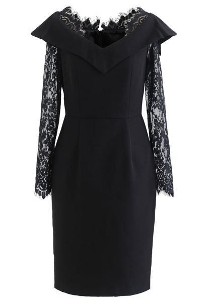 Lace Sleeves Bodycon Midi Dress in Black