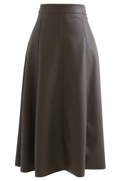 Soft Faux Leather Seamed A-Line Skirt in Taupe