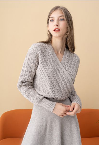 Cable Knit Wrap Front Crop Sweater in Linen