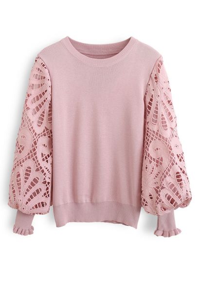 Baroque Crochet Sleeve Knit Top in Pink