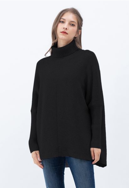 Effortless Chic Turtleneck Batwing Sleeve Hi-Lo Sweater in Black