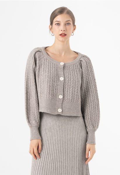 Braid Knit Button Down Crop Cardigan in Linen