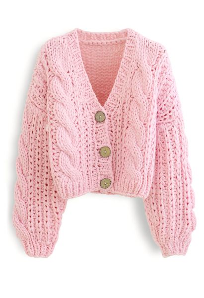 V-Neck Crop Hand-Knit Chunky Cardigan in Pink