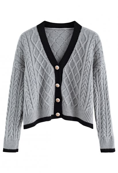 Braid Diamond Cropped Knit Cardigan in Grey