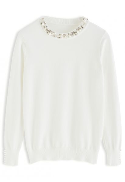 Pearl Trimmed Soft Knit Top in White