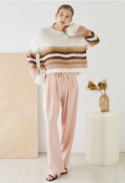 Pleated Detail Drawstring Waist Wide-Leg Pants in Pink