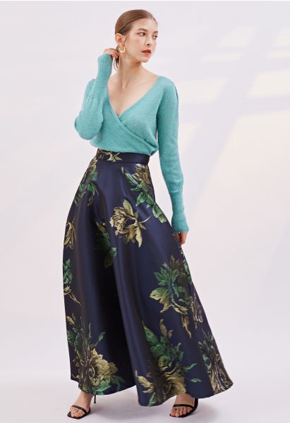 Glittery Peony Jacquard Maxi Skirt in Navy