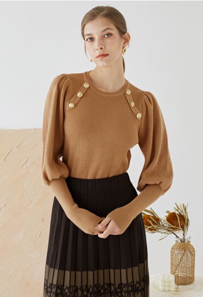 Bubble Sleeves Button Trimmed Knit Top in Tan