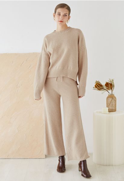 Waffle Knit Hi-Lo Sweater and Wide Leg Pants Set in Camel