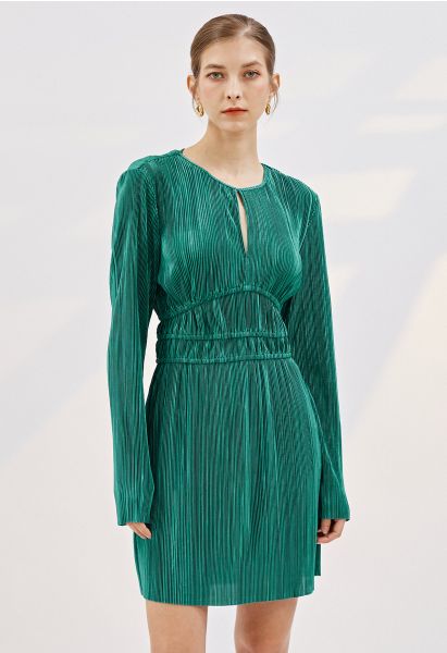 Cutout Raw-Cut Full Plisse Dress in Emerald