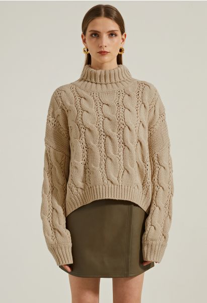 Turtleneck Braid Knit Crop Sweater in Brown