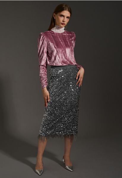 Velvet Sequined Feathered Hem Pencil Skirt in Grey