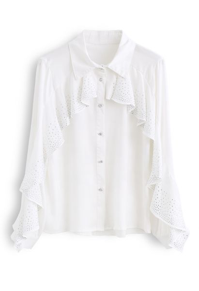 Crystal Ruffle Sleeve Satin Shirt in White