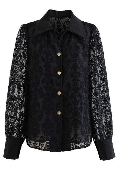 Floral Jacquard Semi-Sheer Organza Shirt in Black