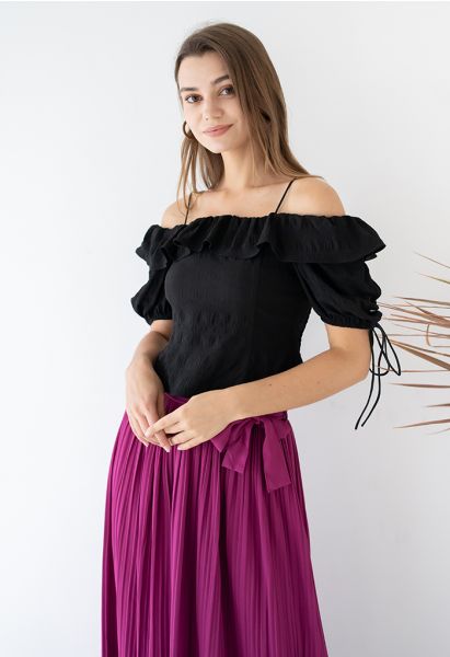 Ruffled Cold-Shoulder Embossed Crop Top in Black