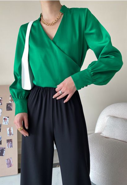 V-Neck Wrap Front Satin Smock Shirt in Green