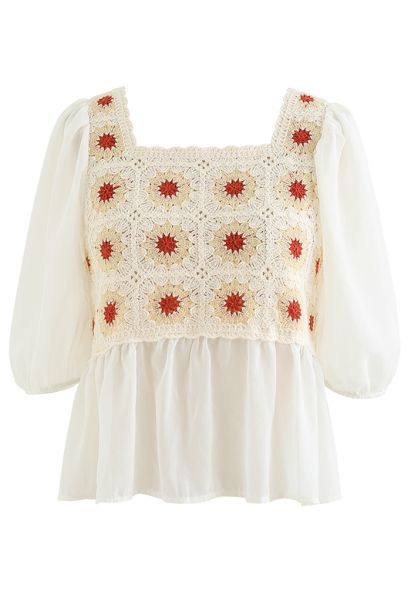 Boho Cream Floral Crochet Spliced Top