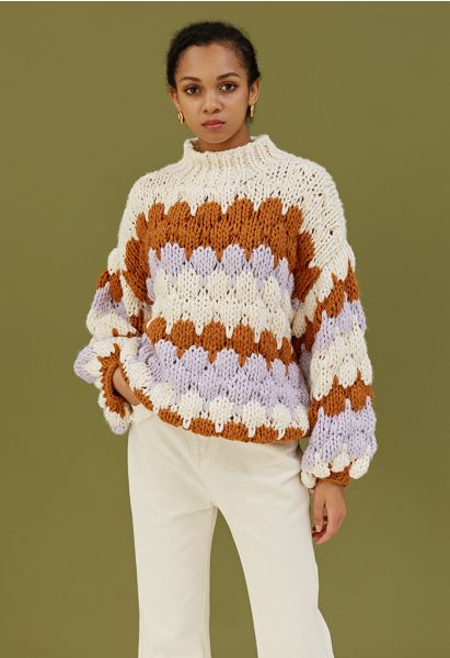 Color Blocked High Neck Hand-Knit Chunky Sweater in Cream