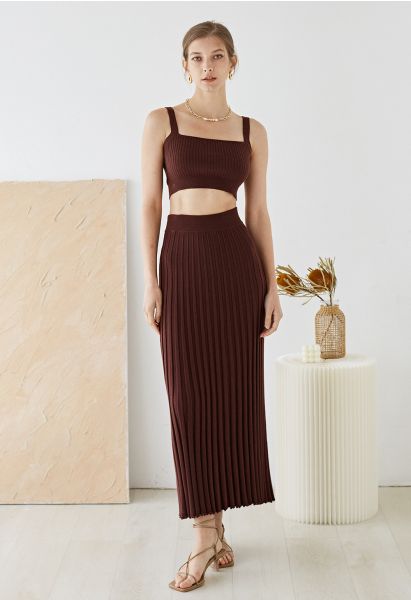 Ultra-Soft Lettuce Hem Knit Maxi Skirt in Brown