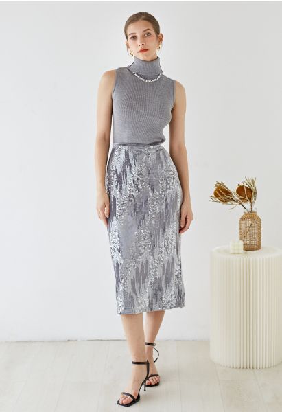 Velvet Sequins Embellished Pencil Skirt in Grey