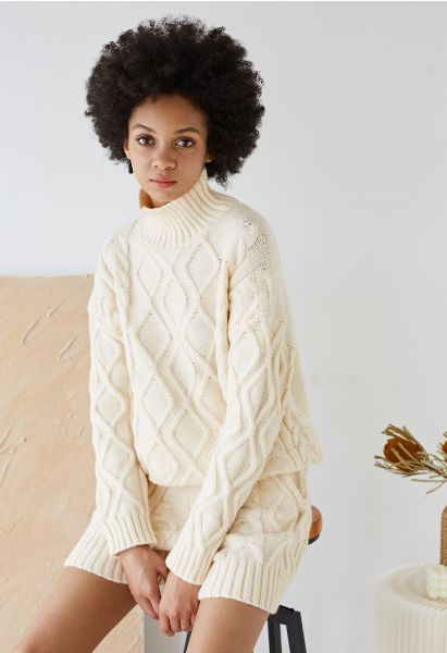 High Neck Braided Knit Sweater and Shorts Set in Cream