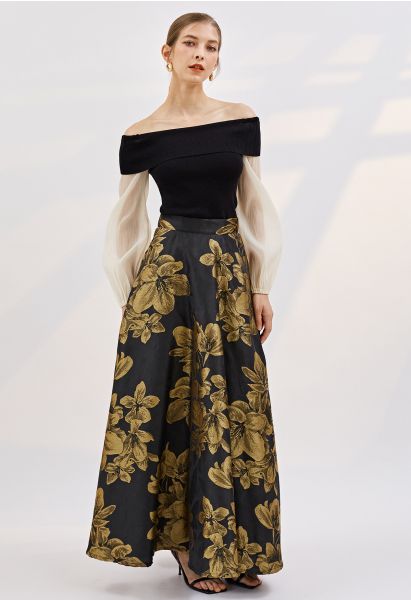 Golden Dahlia Blossom Jacquard Maxi Skirt